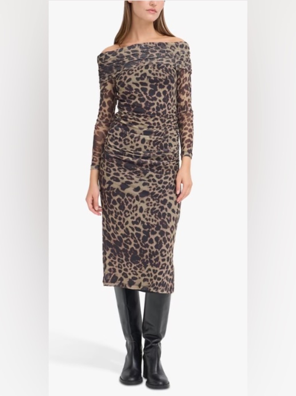BNWOT ICHI Leopard-print Midi Dress Mesh Ruching Bardot Neck Size Small